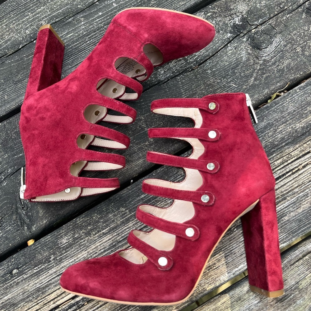 Vince Camuto Suede Strappy Heels | Cranberry Red | Block Heel | Zip Back